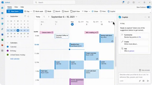 Microsoft Outlook calendar displaying scheduled events with a Copilot sidebar showing options to summarize, create, and ask.